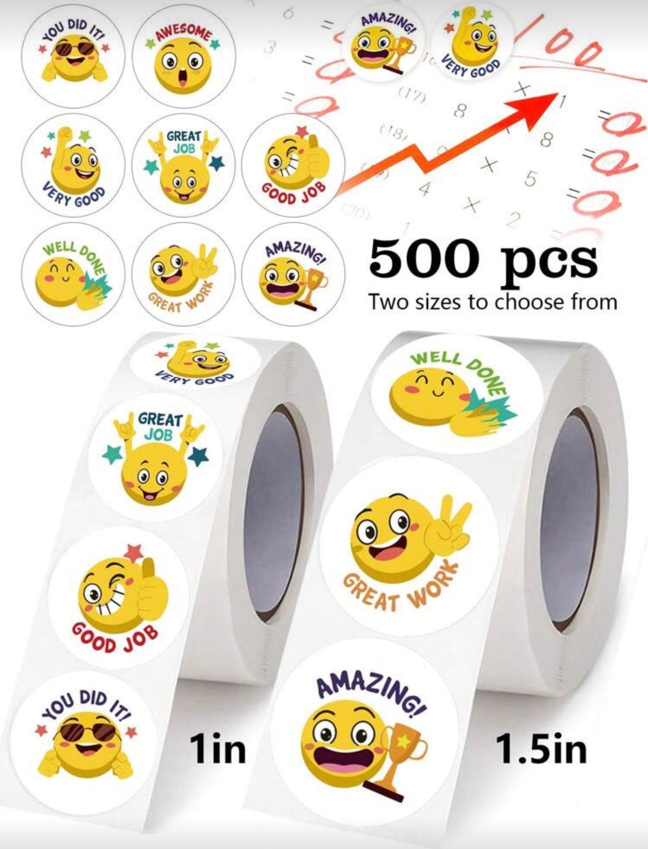 500pcs/Roll Cartoon Yellow Face Stickers, 1 Inch & 1.5 Inch, Teacher Reward & Student Encouragement, Suitable For Stationery, Books, Phones, Laptops, Helmets, Water Bottles, Glasses, Multipurpose, Waterproof PVC Vinyl Stickers,School Supplies,Back To Scho