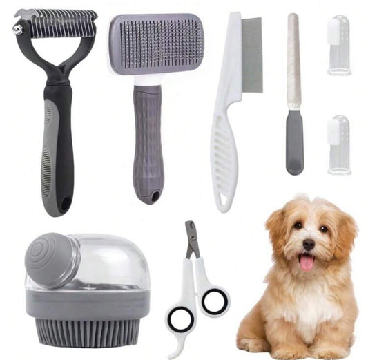 8pcs Dog Grooming Kit, Pet Self-Cleaning Set With Pet Nail Clipper & File, Flea Comb, Pet Shampoo Brush, Pet Deshedding Brush, Pet Dematting Comb, Silicone Toothbrush