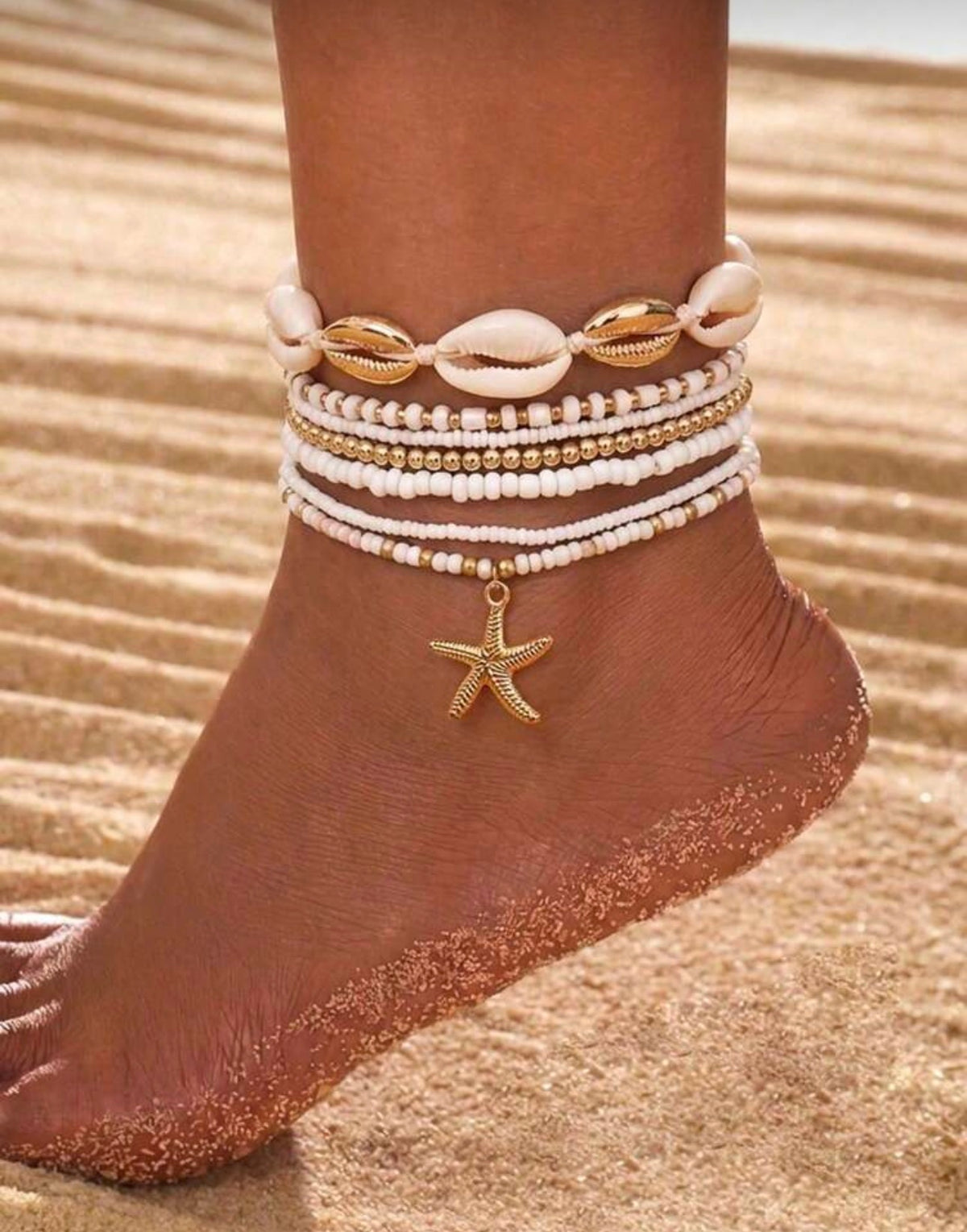 7pcs Bohemian Style Beachy Sea Star, Shell And Rice Bead Elastic Anklet Set, Summer, Aesthetic