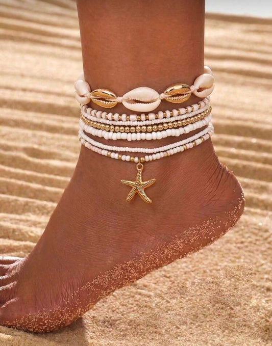 7pcs Bohemian Style Beachy Sea Star, Shell And Rice Bead Elastic Anklet Set, Summer, Aesthetic