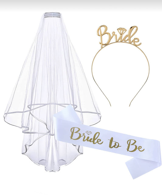 3pcs Bridal Shoulder Strap, Headband, Veil Set, Rose Gold Headband, Wedding Photo Props, Bachelorette Party Accessories