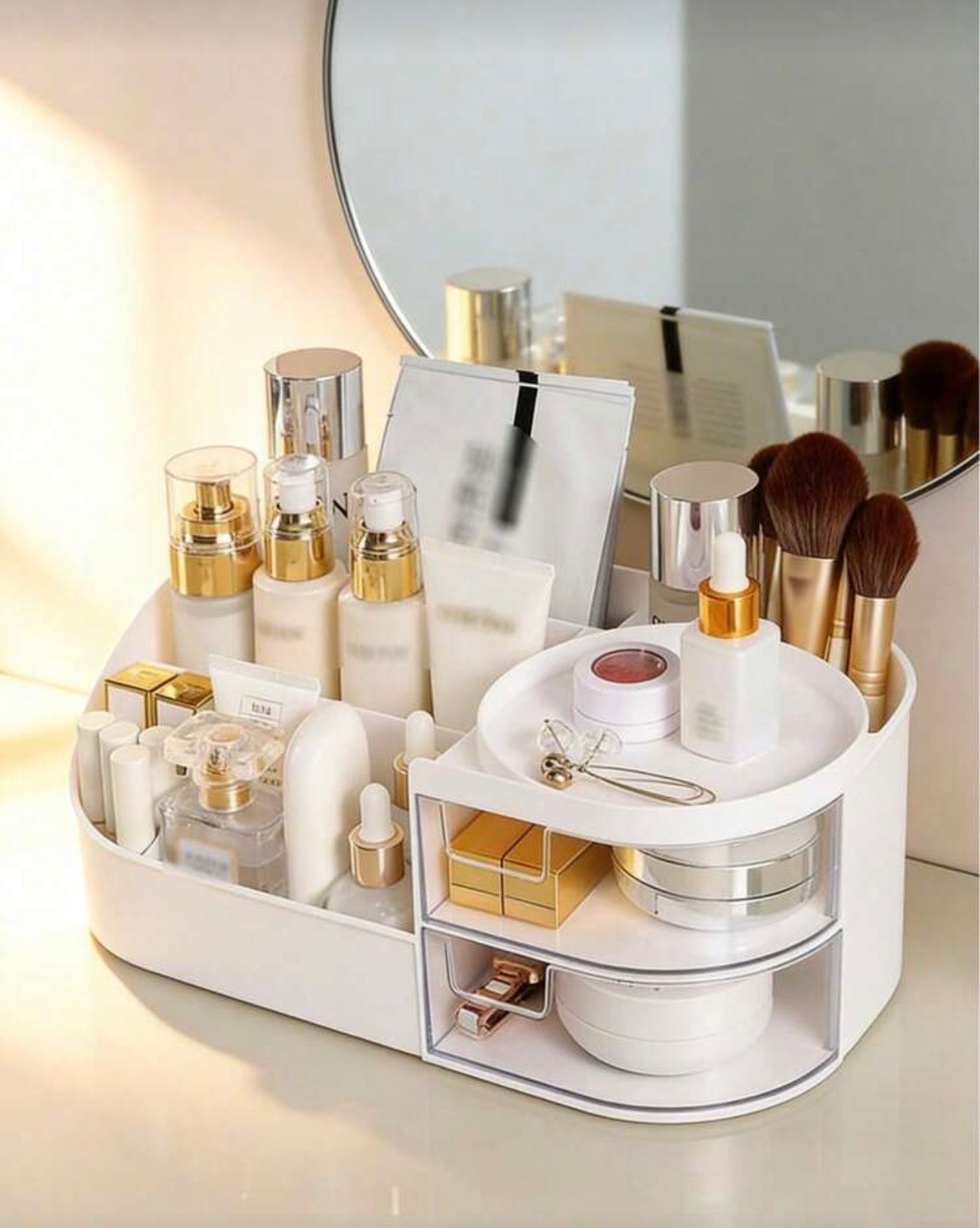 Large Capacity Countertop Makeup Organizer With Clear Sliding Drawers, Multi Compartment Skincare Cosmetic Storage Caddy, Desktop Vanity Holder For Makeup Brushes, Serum, Foundation, Lipstick & Jewelry, Bathroom Dresser Cosmetic Display Case