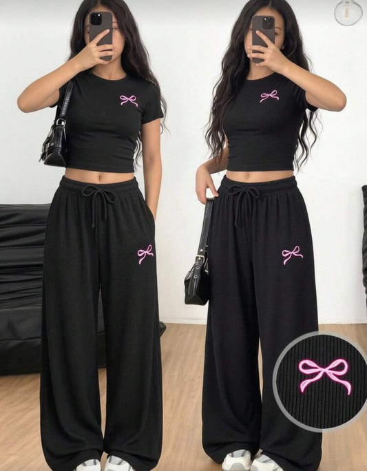 SHEIN Kids Tween Girl Knitted Black And Pink Bow Print Pattern T-Shirt And Long Pants Set, Spring/Summer, Back To School Season