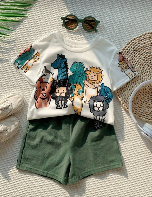 SHEIN 2pcs Baby Boys White Summer Casual Cute Beach Animal Crayon Print Loose Fit Round Neck Knitted T-Shirt & Knitted Shorts Set,Suitable For Outdoor Wear