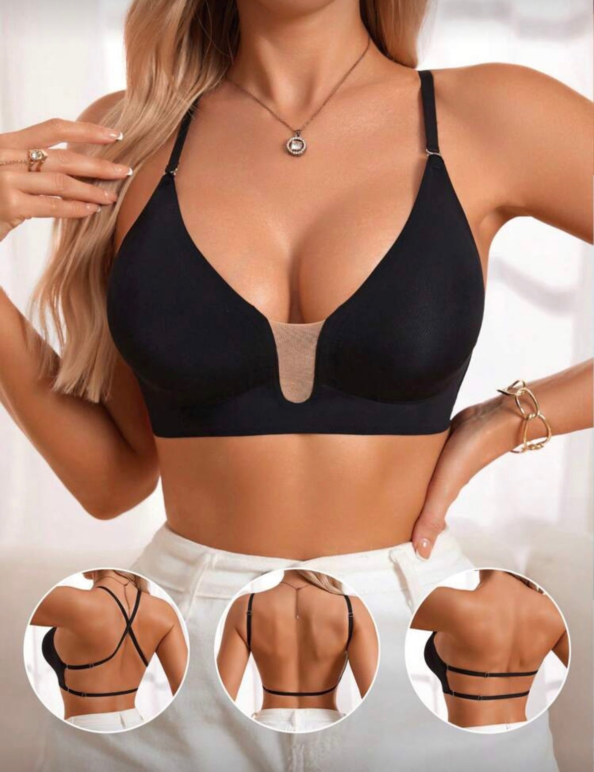 DesireSculpt 1pc Women Deep-V Neck Solid Color Spaghetti Strap Backless Casual Bra