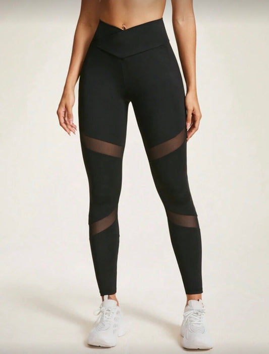 SHEIN Sports Cross Waist Mesh Contrast Yoga Leggings