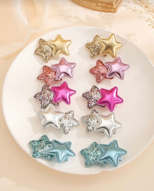 10pcs Women's Seasonal PU Leather Glitter Double Star Hair Clips