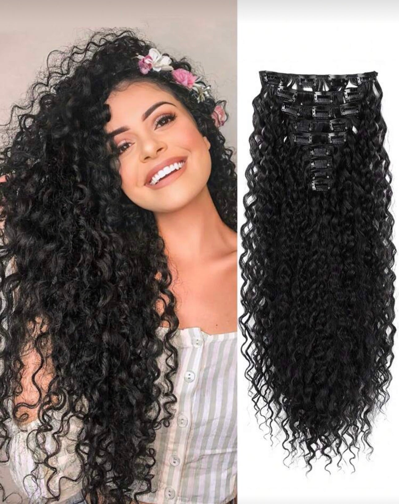 9pcs Black Clip-In Hair Extensions, 22 Inch Curly Synthetic Hair Extensions, Long Soft Hairpieces For Women