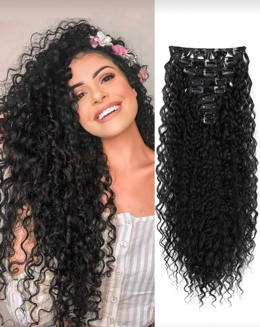 9pcs Black Clip-In Hair Extensions, 22 Inch Curly Synthetic Hair Extensions, Long Soft Hairpieces For Women