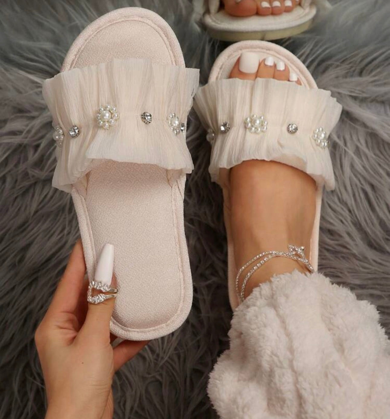 Fall/Winter Lace Home Fashion Fabric Girl Spring And Autumn New Faux Pearl Women's Home Slippers Women's Home Slippers,Fluffy Slippers