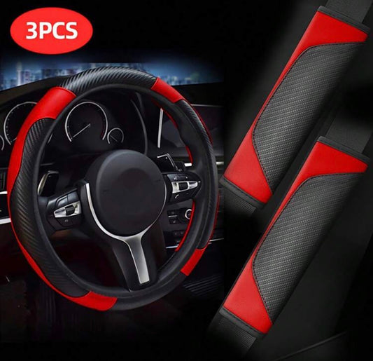3pcs/Set PU Leather & Carbon Fiber Non-Slip Steering Wheel Cover + 2pcs Shoulder Pads Car Accessories Sets, Universal Fit, Adds Color To Your Car! Multiple Colors Available,Car Accessories