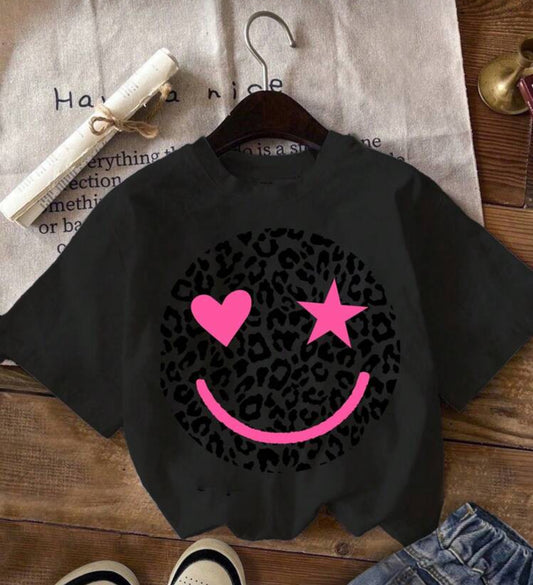 SHEIN Leap Crew CUTE Tween Girl Casual Minimalist Heart Star Pattern Black Short Sleeve Round Neck T-Shirt, Suitable For Spring/Summer