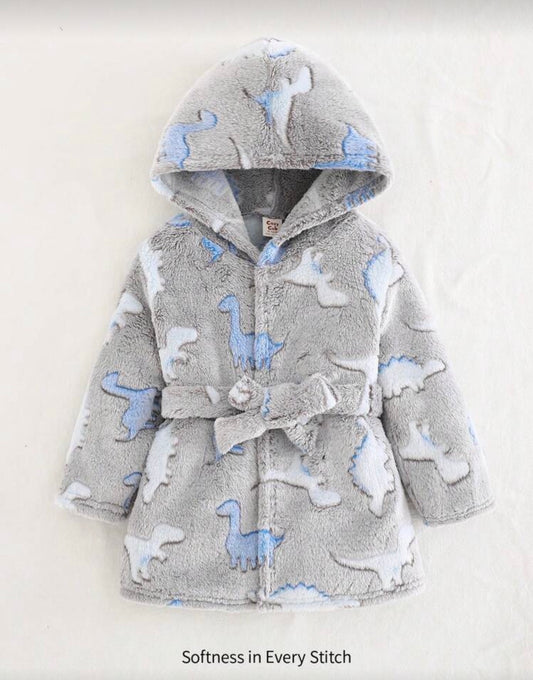 Cozy Pixies Baby Boy Cartoon Dinosaur Printed Hooded Thermal Lined Thick Open Front Robe Autumn Winter