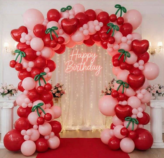 115Pcs Pink Red White Cherry & Coquette Bow Balloon Garland Arch Kit, Premium Matte Latex Balloons Decor Supplies, Perfect For Birthday, Wedding, Bridal Shower, Engagement, Anniversary, Indoor Outdoor Home Party Background Decor