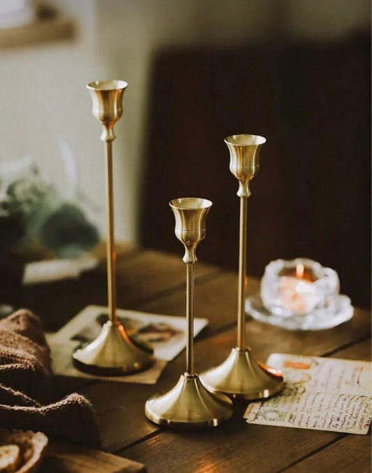 Zazumi 3pcs, Brass Gold Metal Cone-Shaped Candle Holders,High-End Candle Holders And Accessories Retro Modern Decoration Center Candle Holders, Suitable For Ramadan Celebrations, Holiday Party Celebrations, Weddings, Parties, Family Gifts,