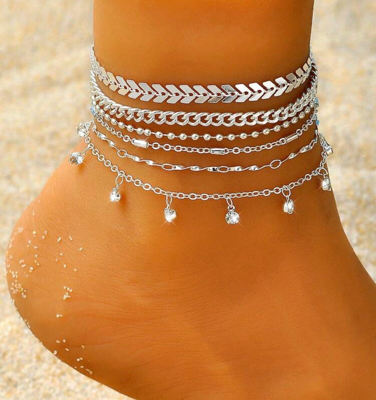 6pcs/Set Fashionable Simple Charm Women's Crystal Chain Multi-Element Decorated Silver-Tone Anklet, Suitable For Daily, Party, Beach And Traveling, Good Gift For Girls