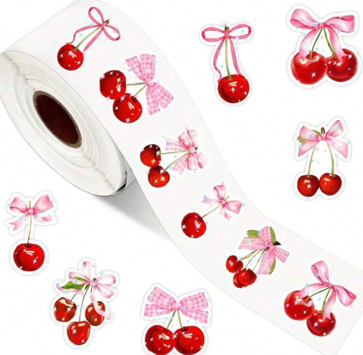 200pcs Shiny Cherry Stickers Roll, Laser Pink & Red Berry Fruit Stamp Stickers, 8 Styles Self-Adhesive Stickers For Envelope, Scrapbook, Birthday Party Decoration