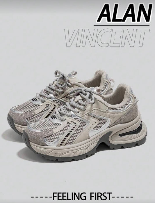 Alan Vincent [City Sports Shoes Series] Gray Sports Shoes, Women's New Thick-Soled Sports Shoes, Comfortable And Fashionable Running Shoes, Increased Height Casual Sports Shoes, Women's Outdoor Shoes, Breathable Mesh