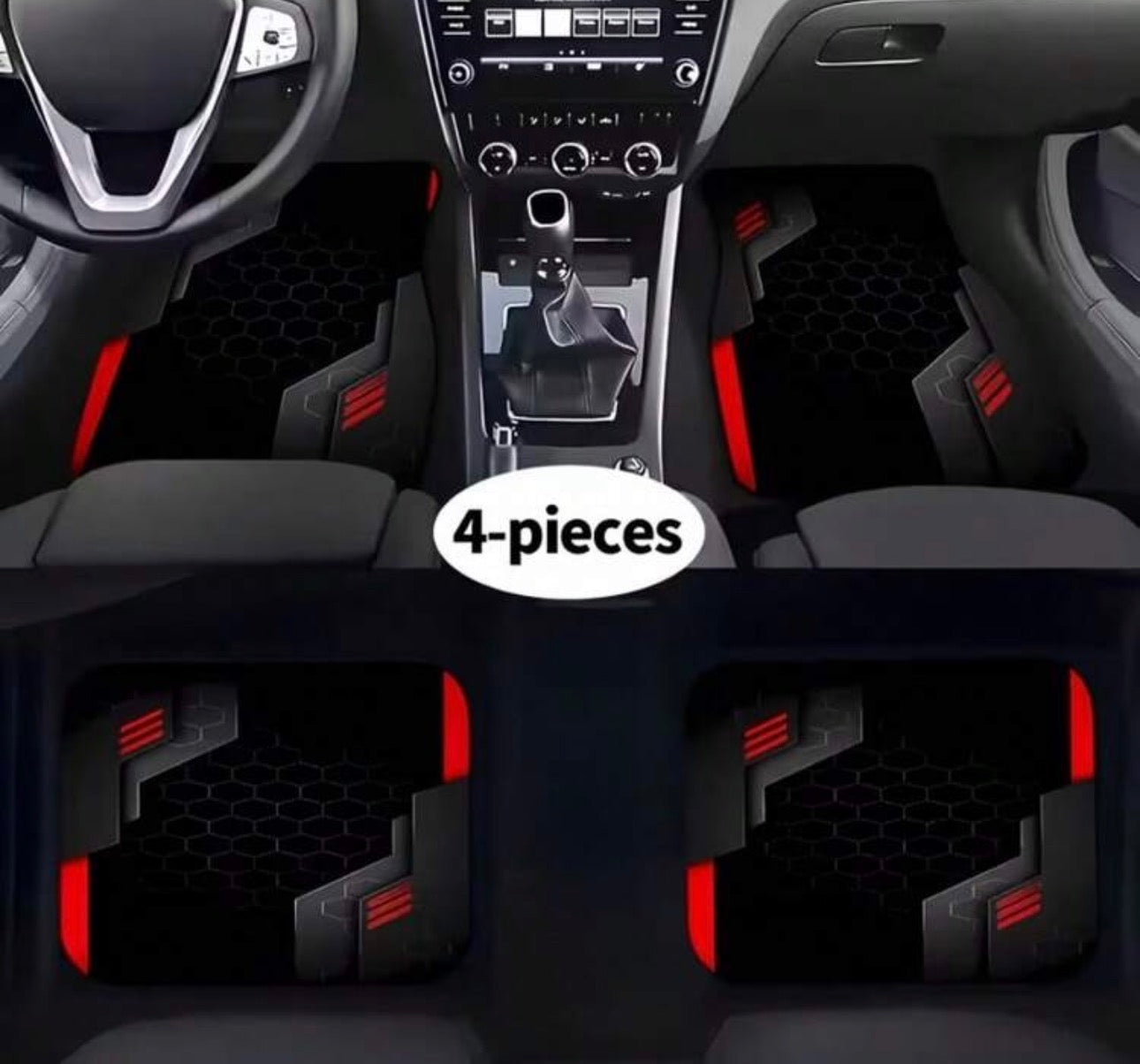 4pcs Black & Red Geometric Patchwork Print Car Floor Mats Set, Car Interior Accessories Carpet, Easy To Clean, Suitable For Cars, Trucks, SUVs, Fashionable And Avant-Garde Interior, Enhancing Driving Pleasure And Comfort