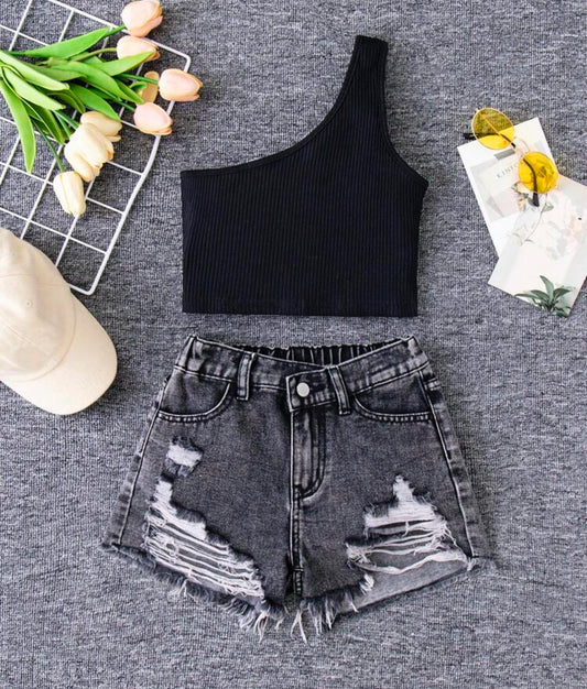 SHEIN Tween Girl 2pcs Knitted One Shoulder Top And Distressed Denim Shorts, Casual And Versatile Cowgirl Outfit