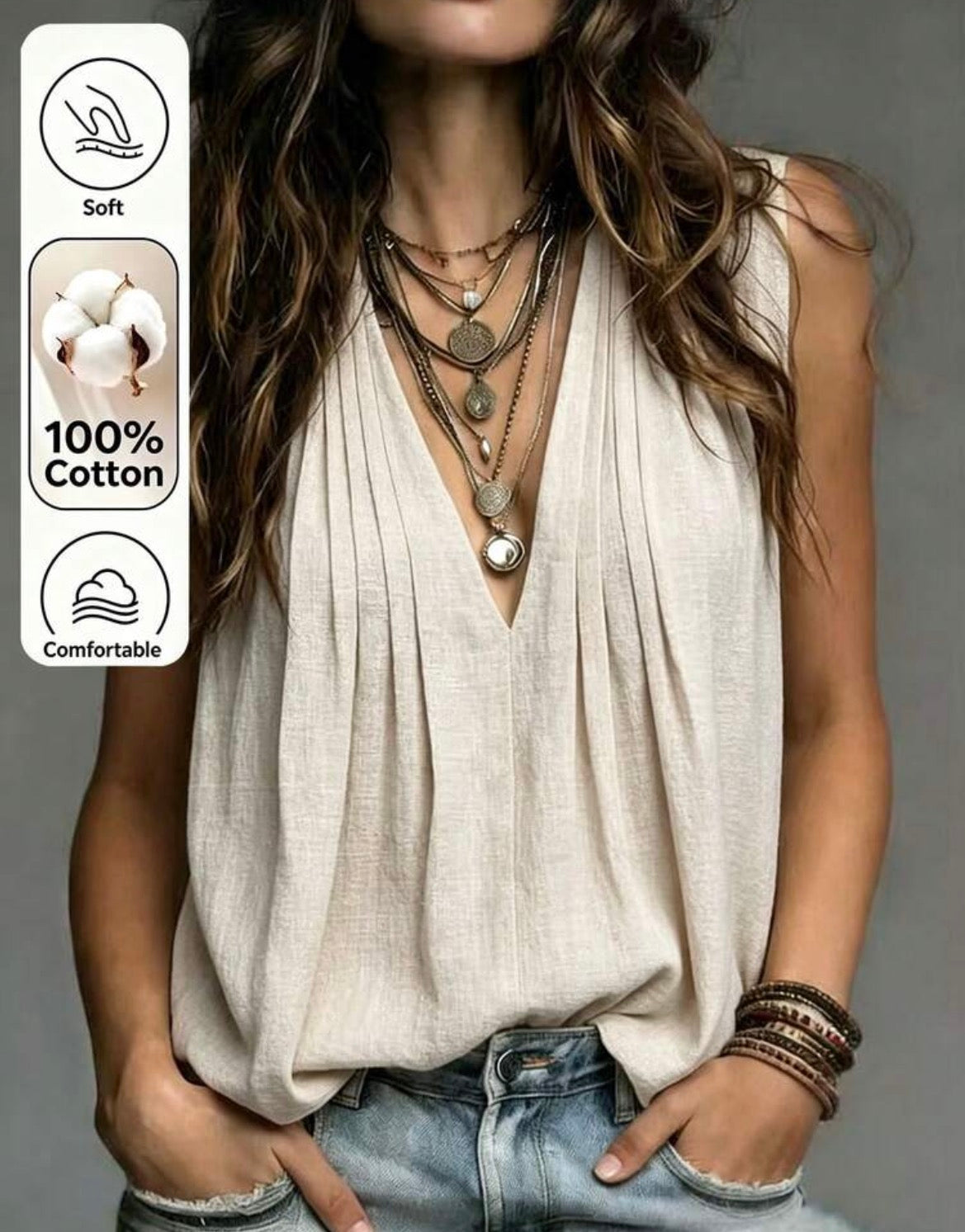 100% Cotton, Breezaya Women's Solid Color V-Neck Pleated Casual Boho Versatile Everyday Top Vacation Beige Summer Brunch Vacation