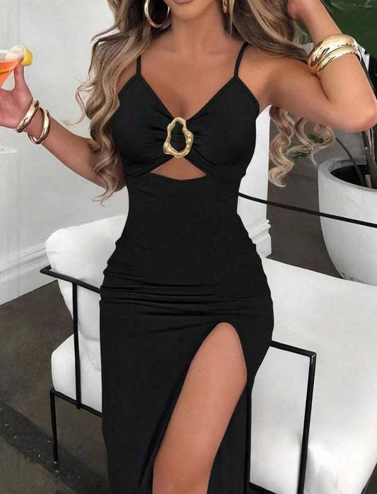 Silhoulove Sexy Bodycon Front Ruched Metal Button High Slit Spaghetti Strap Long Dress, Elegant Holiday Ladies Dress