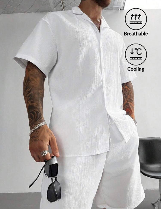 GloMan Men's White 2-Piece Set Summer Cuban Style Linen Shirt And Drawstring Shorts Outfit, Old Money Casual Beach Wedding Party Vacation Travel, Suitable For Husband/Dad/Boyfriend, Resort Wear
