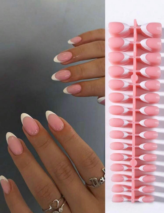 300pcs White French Almond Shaped Artificial Nail Tips. Featuring A Minimalist French Design, Perfectly Fitting The Long Almond-Shaped Acrylic Nail Set. Includes: 1 Sheet Of Nail Glue Stickers And 1 Nail File. Nails