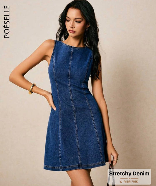 Poéselle Women's Summer Navy Blue Denim Dress,Round Neck Backless Tie Up Sleeveless Short Vest Dresses,Casual Everyday Vacation Streetwear Y2k Country Outfits