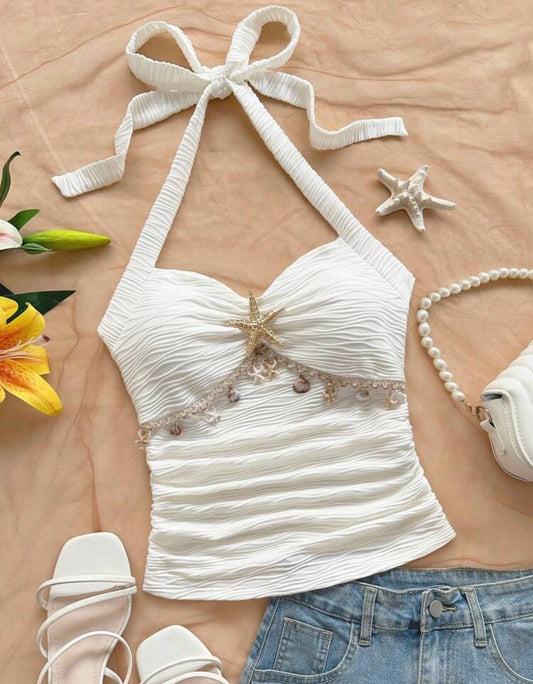 Soleia White Boho Holiday Vacation Halter Tie Starfish Shell Decor Lace V-Neck Knit Textured Fitted Tank Top,Slim Fit Beach Party Blouse,No Chest Padding