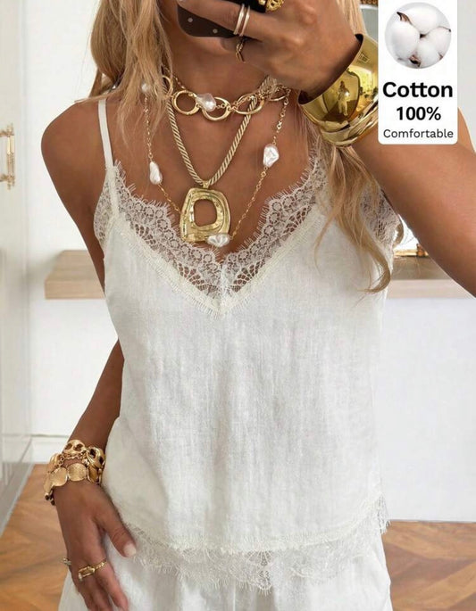 100% Cotton, SHEIN EZwear Elegant Boho Women's Lace Patchwork Camisole Top, Off-White Summer Vacation Casual Fashionable Y2K Shiny V Neck Sleeveless Daily Commute Party