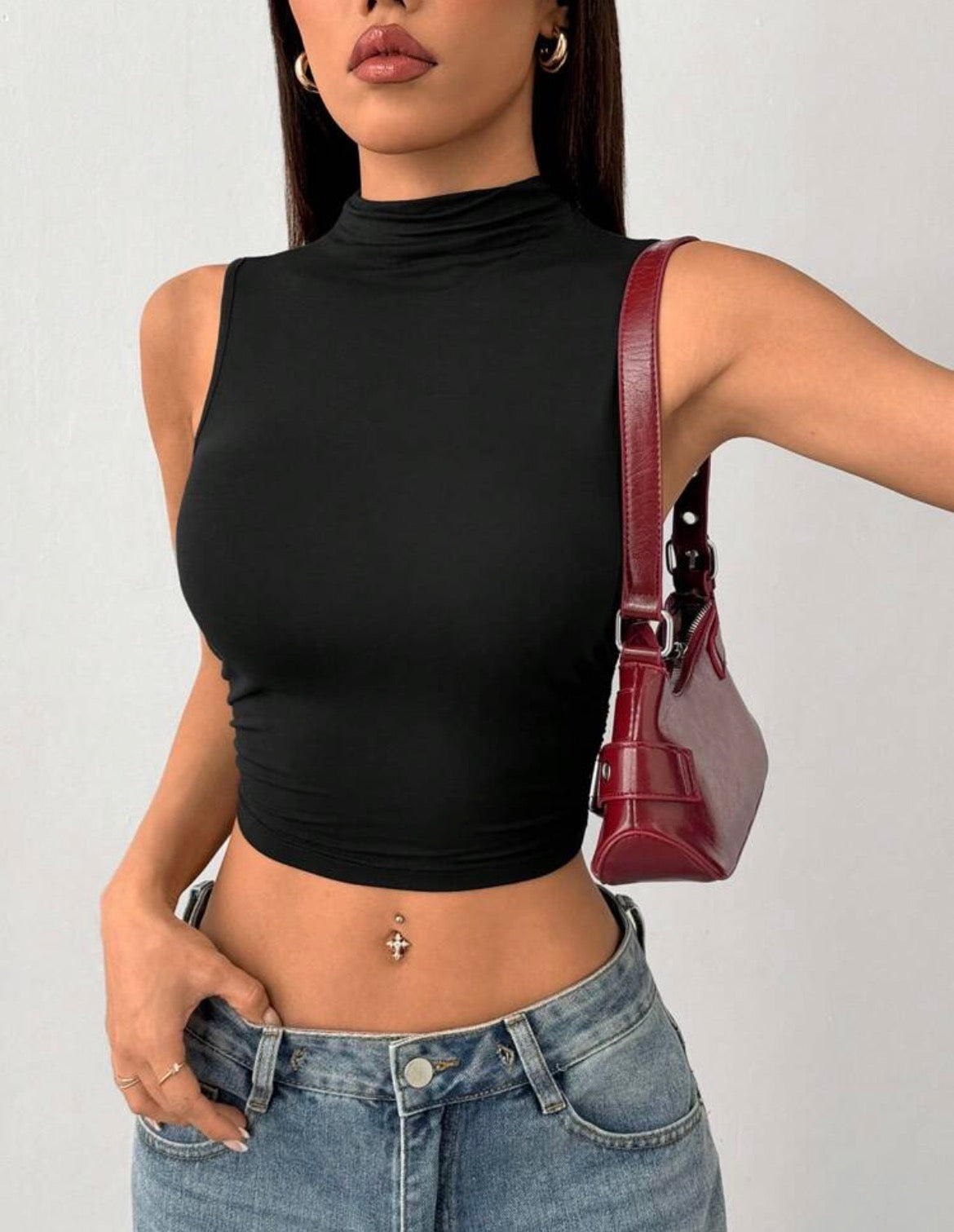 SHEIN PETITE Black Mock Neck Ruched Tank Top Simple Fashionable Daily Basic Simple Casual,Petite Women Night Out Summer