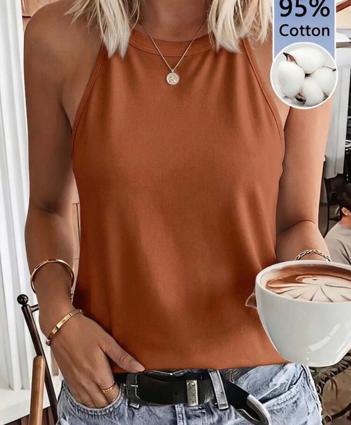 95% Cotton, SHEIN LUNE 95% Cotton Women's Casual Comfortable Halter Neck Tank Top, Suitable For Summer,Summer Top