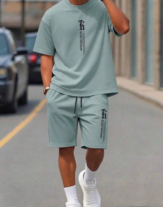 Sorvial Men's Standard Size Green Knit T-Shirt And Shorts Set