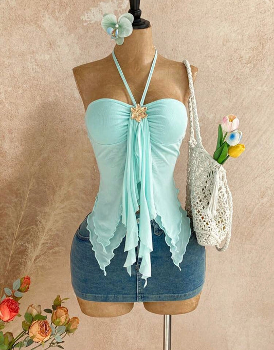 Soleia Women's Mint Green Summer Elegant Fairycore Camisole,Beach Vacation Holiday Asymmetrical Hem Top With Seashell Decor, Tankini,No Breast Pads