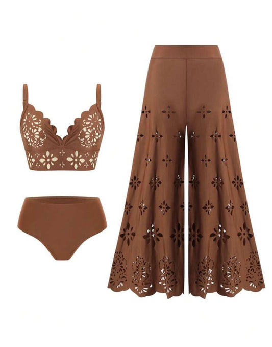 Swim Oasis 3pcs/Set Women's Summer New Swimwear Solid Color Shoulder Strap Top, High Waist Swim Bottoms, Burnout Hollow Long Beach Cover-Up Dress, Premium Fashion Vacation Bikini Set