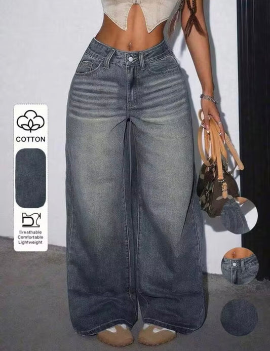 90% Cotton, Women's Casual Loose Straight Leg Jeans With Pockets Fall
