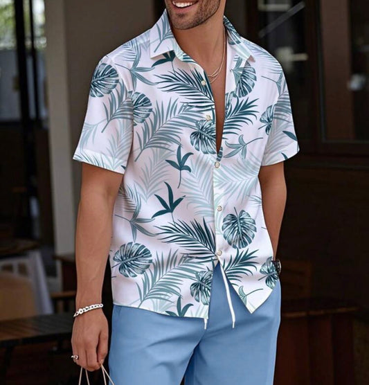 Genlund Men's Floral Hawaiian Print Short Sleeve Shirt & Solid Color Shorts Set, Tropical Vacation Co Ords, Cozy Outfits, Holiday Holiday