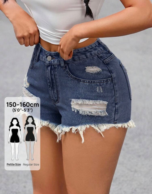 SHEIN PETITE Women's Summer Casual Fashion Street Style Daily Commute Distressed Frayed Denim Shorts ,Petite Women