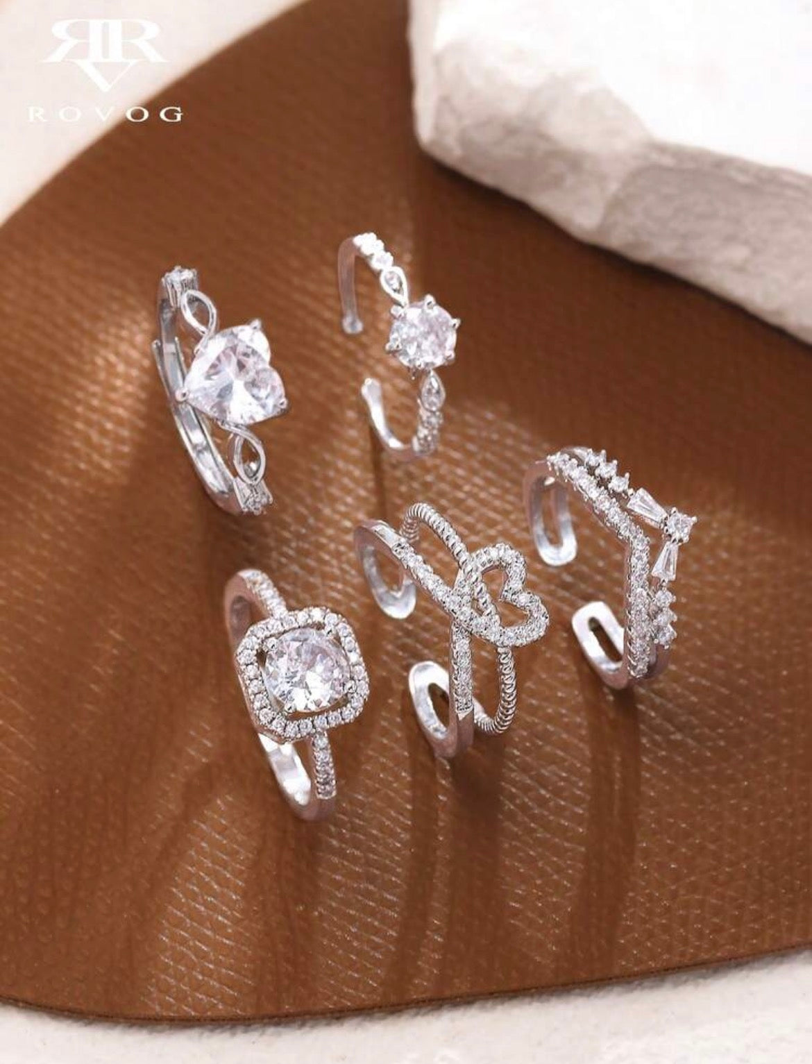 5pcs Elegant Cubic Zirconia Heart Open Copper Ring Set, Suitable For Women's Daily, Party, Wedding Wear