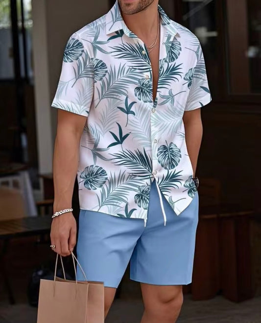 Genlund Men's Floral Hawaiian Print Short Sleeve Shirt & Solid Color Shorts Set, Tropical Vacation Co Ords, Cozy Outfits, Holiday Holiday