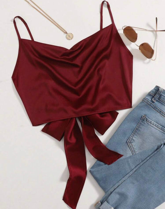 SHEIN Privé Date Night Tie Back Satin Concert Crop Cami Top
