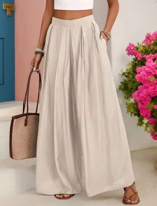 SHEIN LUNE Women's High-Waisted Wide Leg Pants With Pleats And Pockets,Beige Summer Boho Vacation Holiday Loose Elegant French Retro Trousers For Office Casual
