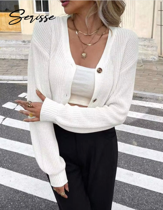 Serisse Solid Drop Shoulder Button Up Crop Cardigan,Knitted Sweater In Fall/Winter White Casual Spring