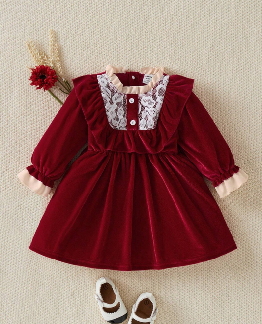 Baby Girl Elegant Vintage Cute Burgundy Velvet Ruffle Trim Collar Open Back Long Sleeve A-Line Party Christmas Dress, Autumn Winter