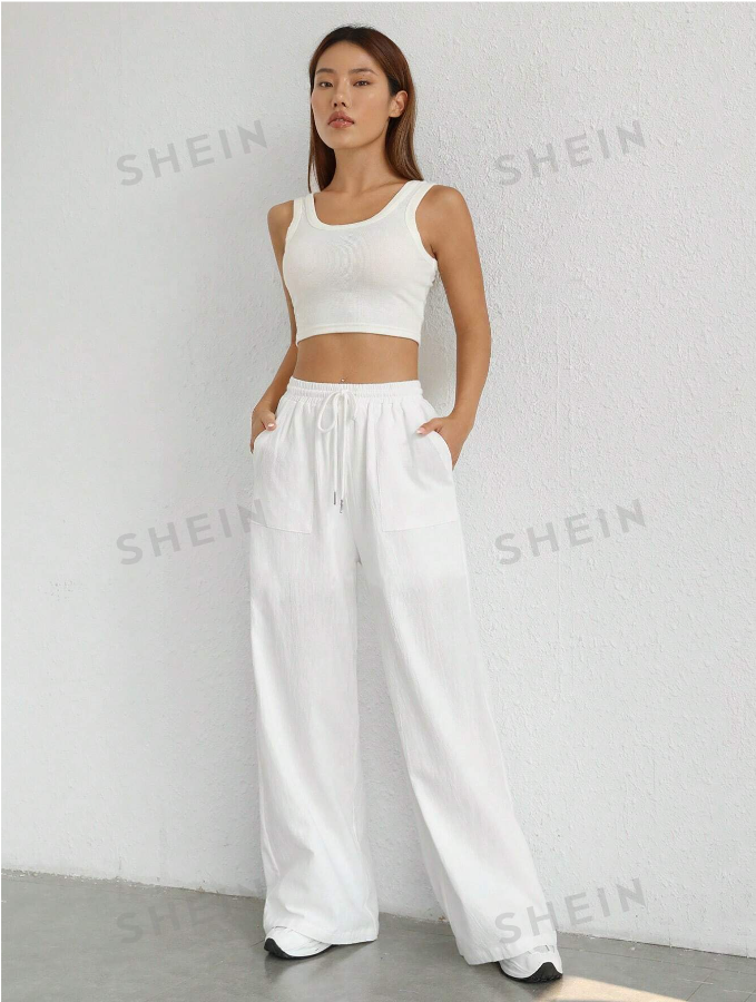 SHEIN EZwear Drawstring Waist Wide Leg Pants
