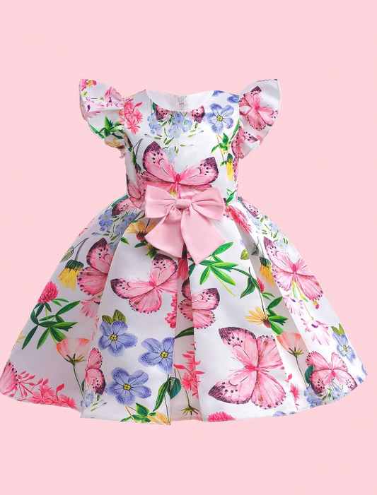 Toddler Girls Floral Print Ruffle Trim Bow Front Gown Dress
