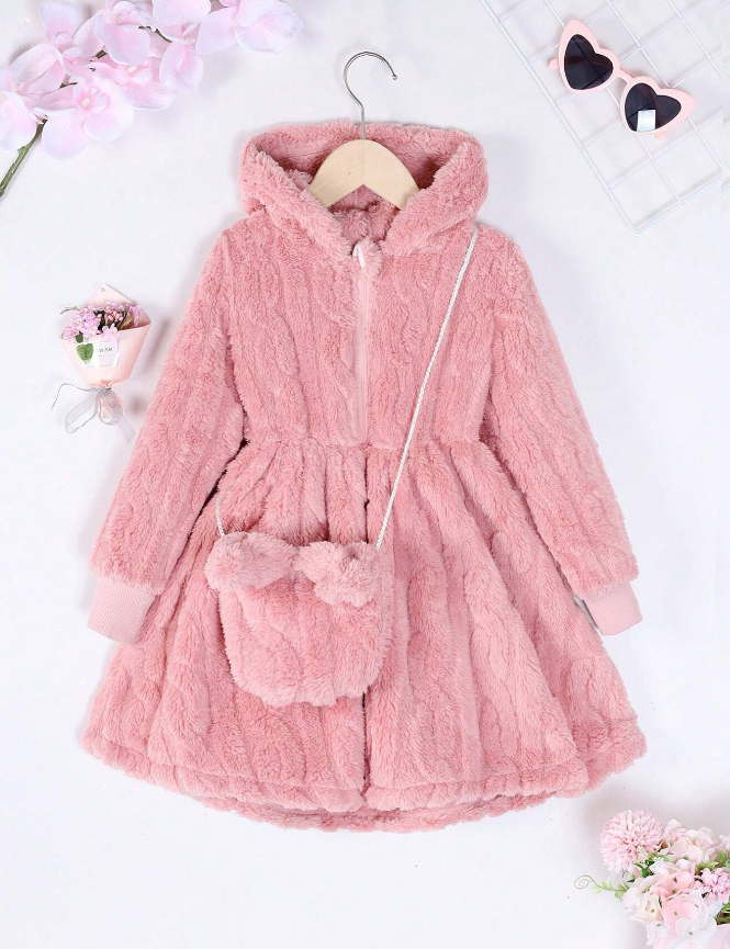 SHEIN Young Girl Zip Up Hooded Teddy Dress With Bag