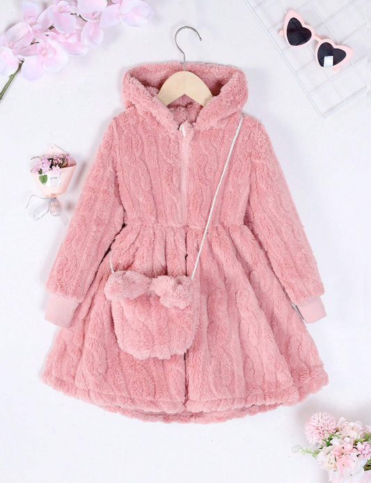 SHEIN Young Girl Zip Up Hooded Teddy Dress With Bag