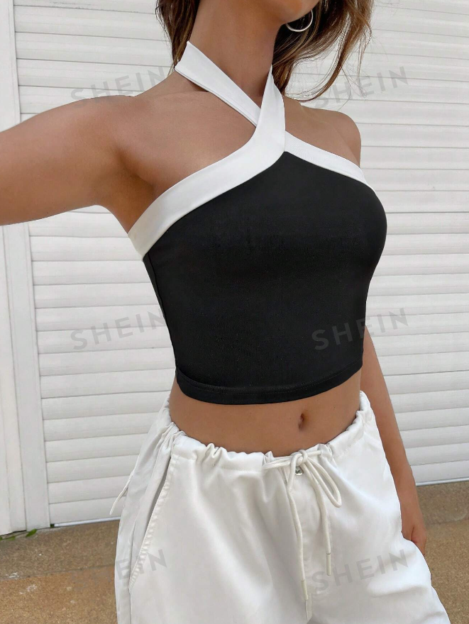 SHEIN EZwear Two Tone Crop Halter Top